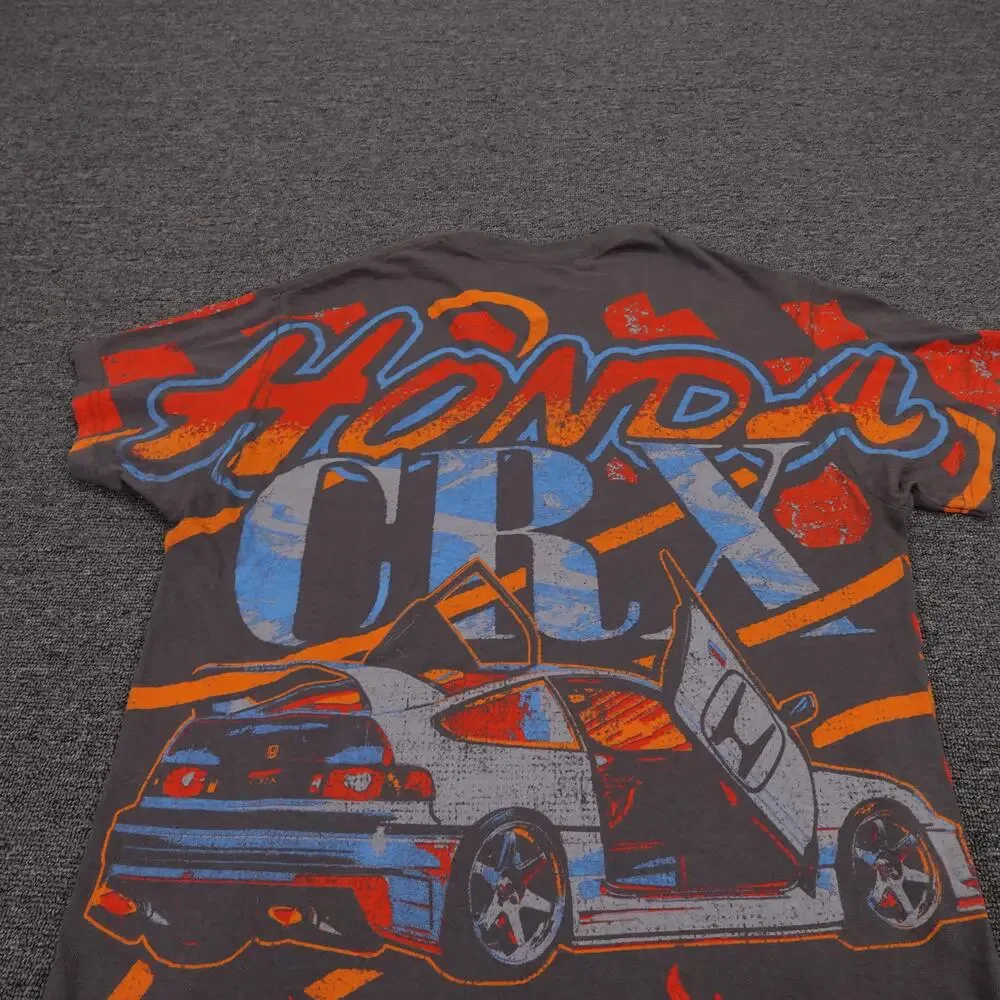 Honda CRX Shirt Mens Small Gray All Over Flames Racing Graphic Tee Double Sided
